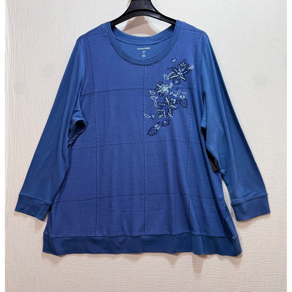 Woman Within Top Women 2X Blue Floral Embroidered Long Sleeve Casual Cottagecore